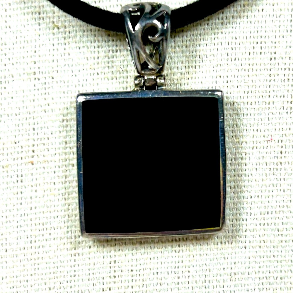 Vintage Sterling Silver 925 Signed Black Onyx on Cord Reversible Square Pendant